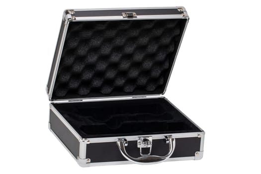 Closeup of a opened empty small black silver equipment case or suitcase with a latch isolated on a white background. Clipping path.