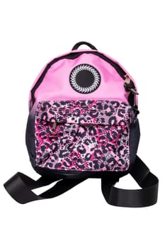 Closeup of a colorful pink red comfortable school backpack isolated on a white background. Concept back to school. Macro.