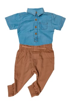 Collage set of a blue baby bodysuit and a stylish brown baby pants or sweatpants isolated on a white background. Clothes for newborns. Baby fashion.