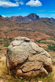 Andringitra national park, Haute Matsiatra region, Madagascar, beautiful mountain landscape with river in valley. Hiking in Andringitra mountains. Sunny day. Madagascar wilderness mountain landscape.
