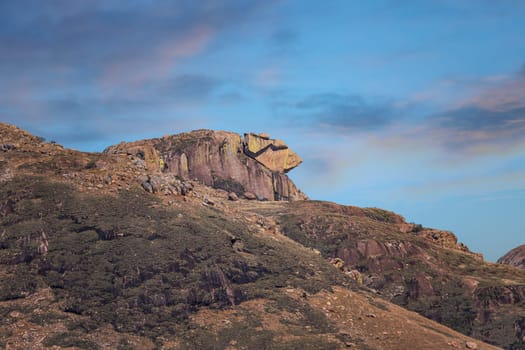 Andringitra national park, Haute Matsiatra, Madagascar, beautiful mountain landscape, top of trail to Chameleon peak and massifs. Hiking in Andringitra mountains. Madagascar wilderness landscape.