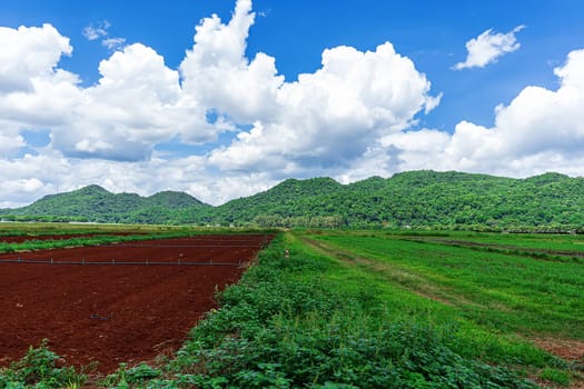 Good atmosphere, forests, mountains and blue cloudy sky are landscape in Thailand.