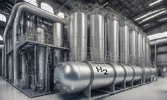Hydrogen power plant, large steel tanks and pipes, wide angle shot. Clean H2 energy concept as envisioned by Generative AI.