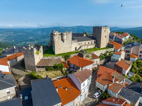 Castro Candelas aerial view Castle, in the province of Ourense. Considered one of the most beautiful towns in Spain. Front view