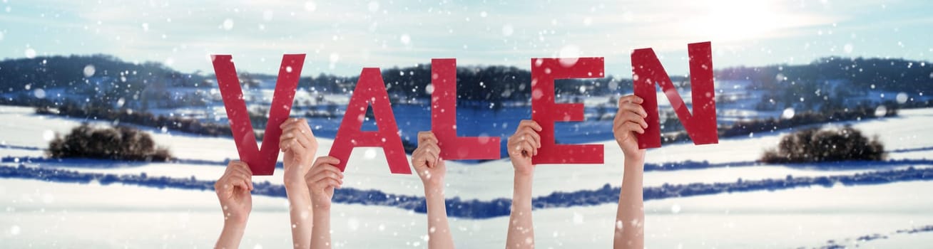 People Or Persons Hands Building English Word Relax. White Winter Background With Snowflakes And Snowy Landscape.