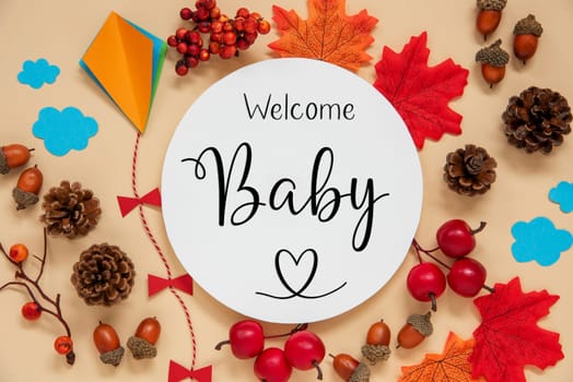 Fall Decoration, Colorful Autumn Leaves and Handicraft Kite, Round Label With Text Welcome Baby