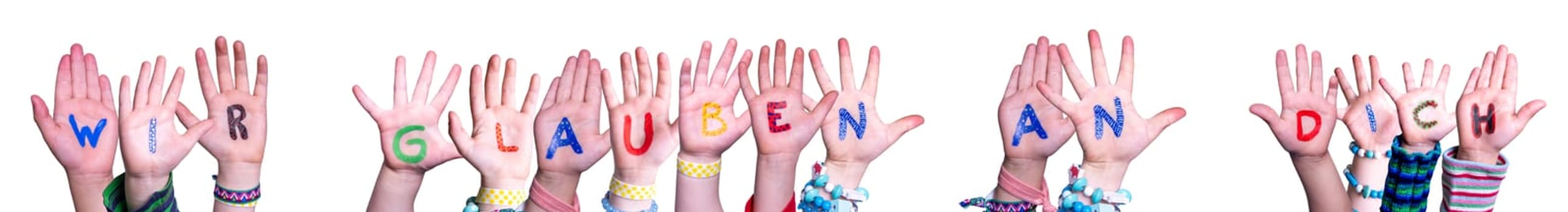 Children Hands Building Colorful German Word Wir Glauben An Dich Means We Believe In You. Isolated White Background.