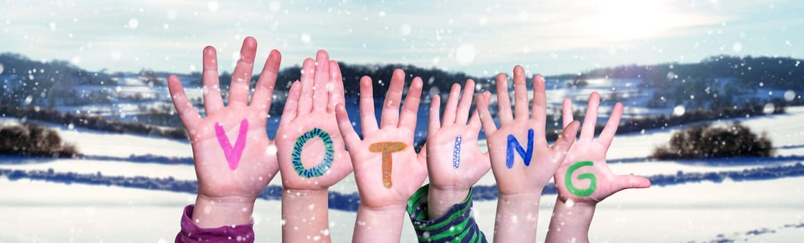 Children Hands Building Colorful English Word Voting. White Snowy Winter Scenery And Landscape With Snowflakes As Background.