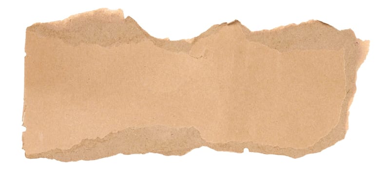 Torn piece of brown cardboard on a white isolated background