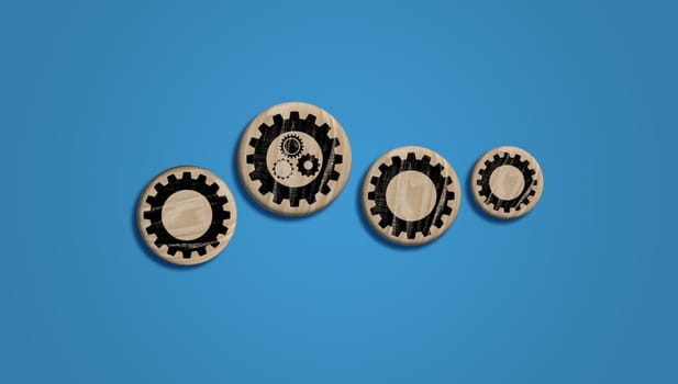 Wooden dice with cogwheel on blue background, mutual aid concept