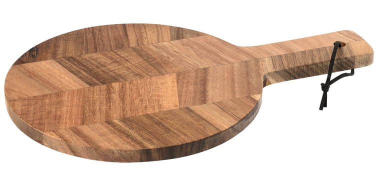 Round wooden kitchen cutting board with handle on white isolated background