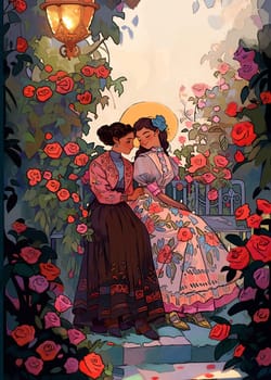 Two women dressed in embroidered vintage dresses spend an intimate moment on an antique garden bench surrounded by blooming rose bushes. They are in love with each other. It's a romantic evening