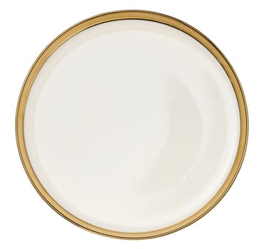 Round ceramic white plate with a gilded edge on a white isolated background, top view