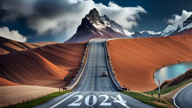The New year 2024 concept. Text 2024 written on the road in the middle of asphalt road - ai generated