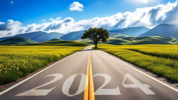 The New year 2024 concept. Text 2024 written on the road in the middle of asphalt road - ai generated