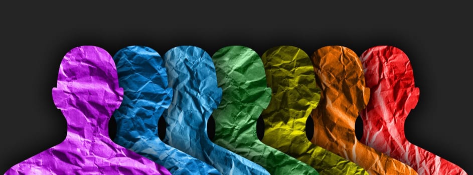 Lgbt multiracial hands up silhouette.  Different cultures in international society concept. Gay pride flag colors. Human silhouette with wrinkle paper texture.