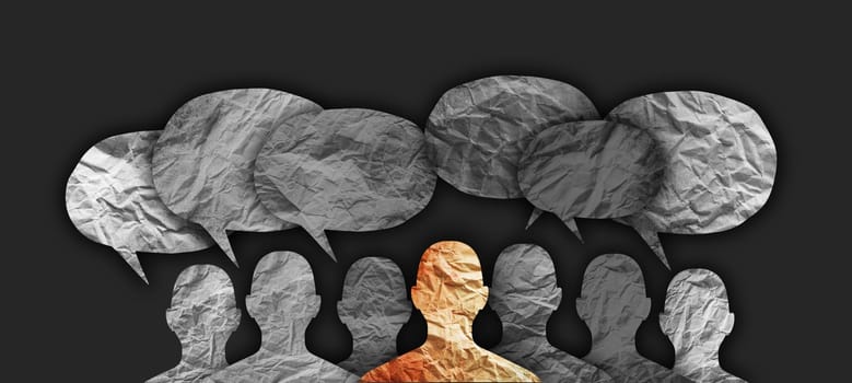 Concept of Information Overload. Social pressure, manipulation, criticism, bullying. Human silhouette with speech bubbles.