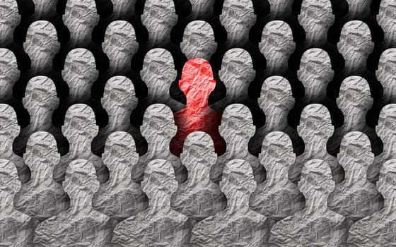 Top view of grey crowd of identical people and special one man, difference and diversity concept.