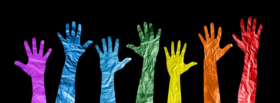Lgbt multiracial hands up silhouette.  Different cultures in international society concept. Gay pride flag colors.