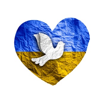 Flag of Ukraine in paper heart shape with dove of peace. Isolated on white.