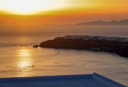 Sunset over Santorini as seen from Imerovigli. Cyclades, Greece