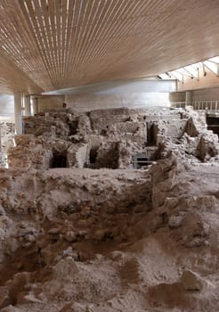 Santorini, Greece - July 01, 2021: Akrotiri, excavation site of a Minoan Bronze Age settlement on the Greek island of Santorini