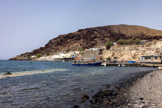 Akrotiri, Santorini, Greece - July 1, 2021: View of the coast at Akrotiri in Santorini. Greece