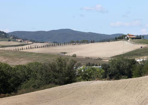 The rural landscape near San Quirico in Tuscany. Italy