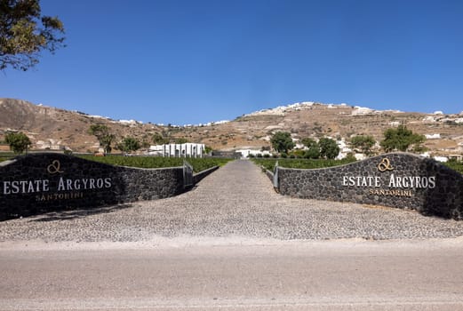 Santorini, Greece - July 2, 2021: Estate Argyros has been established in 1903,  It is the largest private owner of vineyards in Santorini and the current landholdings exceed 120 ha