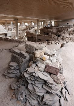 Santorini, Greece - July 01, 2021: Akrotiri, excavation site of a Minoan Bronze Age settlement on the Greek island of Santorini