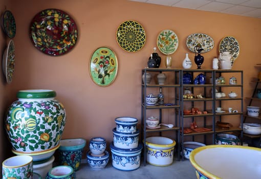 Pienza, Italy - September 12, 2022: Shop with typical Italian ceramics near Pienza