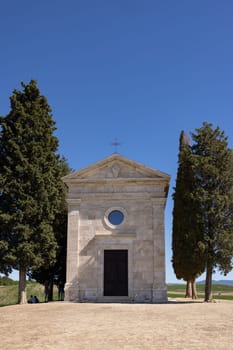 Capella Di Vitaleta in countryside between San Quirico and Pienza in Val d Orcia Tuscany. Italy