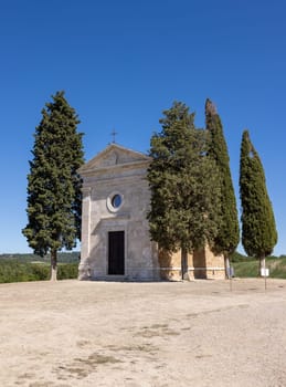 Capella Di Vitaleta in countryside between San Quirico and Pienza in Val d Orcia Tuscany. Italy