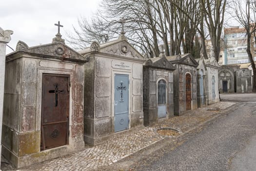 February 22, 2023 Lisbon, Portugal: Alto de Sao Joao Cemetery - family crypts. Mid shot