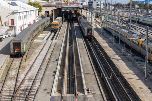 22 february 2023 Lisbon, Portugal: SIMEF Santa Apolonia - railway depot in day lighting. Aerial view