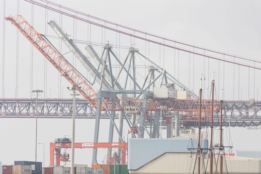 February 21, 2023 Lisbon, Portugal: construction works at the seaport. Mid shot