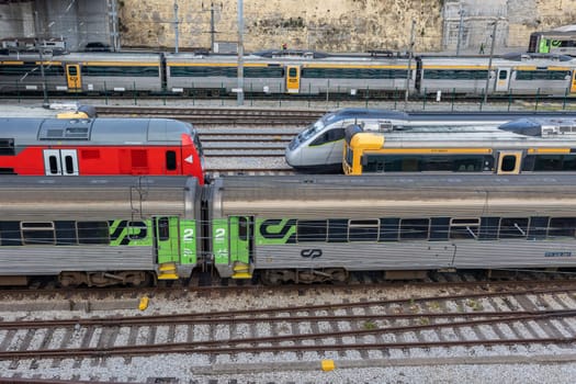 22 february 2023 Lisbon, Portugal: SIMEF Santa Apolonia - bullet trains stand on the rails at the railway depot. Aerial view