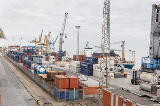 22 february 2023 Lisbon, Portugal: Terminal contentores de Santa Apolonia - cargo port by the sea. Aerial view