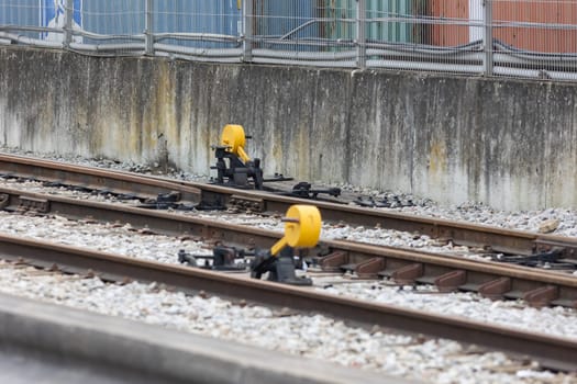 Yellow switches of railway tracking. Mid shot