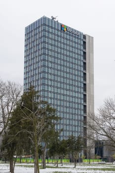 5 April 2023 Belgrade, Serbia: Microsoft Glass High Building. Mid shot