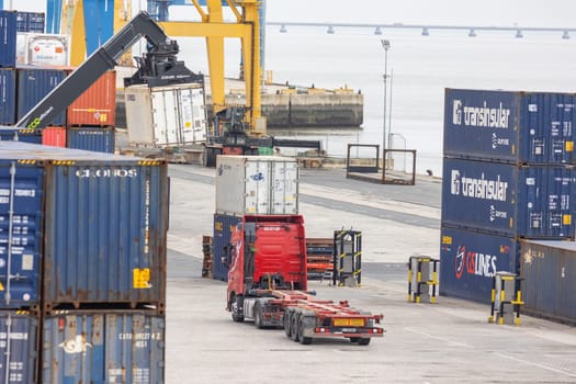 22 february 2023 Lisbon, Portugal: Terminal contentores de Santa Apolonia - cargo port. Aerial view