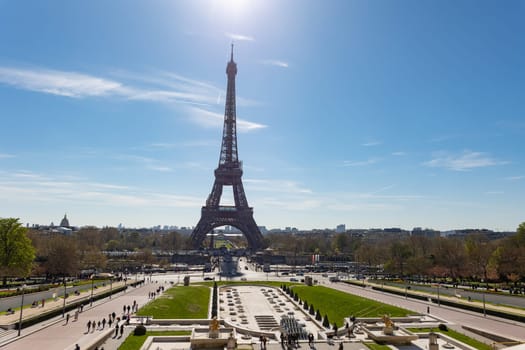 April 4, 2023 Paris, France: surroundings around the Eiffel Tower - cityscape. Mid shot