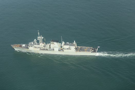 April 8, 2023 Lisbon, Portugal: Canadian frigate at sea from a bird's eye view. Aerial shot