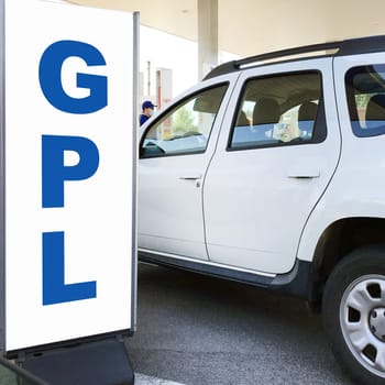 GPL refueling station. Filling station with pumps. Fuel dispensers LPG. Alternative refuel fuel, CNG, LPG, NGV in your vehicle.