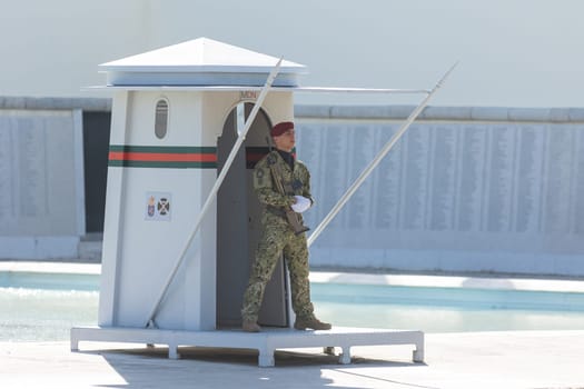 17 April 2023 Lisbon, Portugal: Guard of Honor - a man stands guard with a rifle. Mid shot