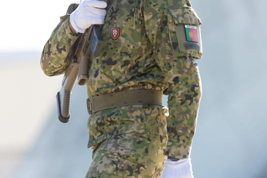 Portugal Commandos - special force soldier standing in uniform. Mid shot