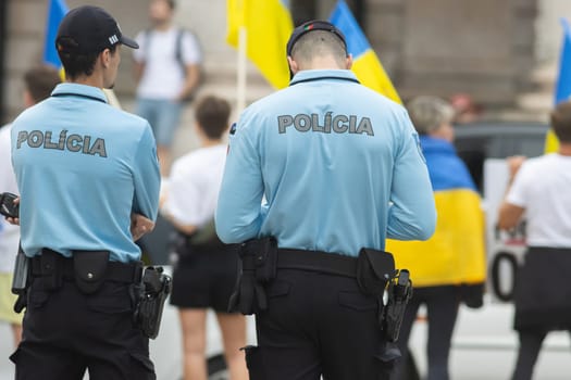 Two police officers stand at the protest of the Ukrainian rally. Mid shot