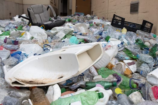 Landfill full of plastic and over kind of garbage - the problem of environmental pollution. Mid shot
