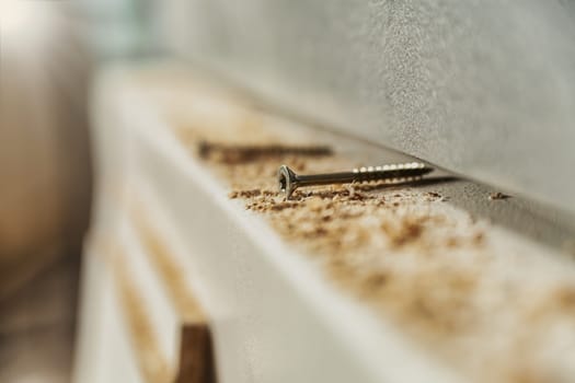 Counter sink wood screw lying on a shelf with sawdust and fresh shavings with selective focus and copyspace