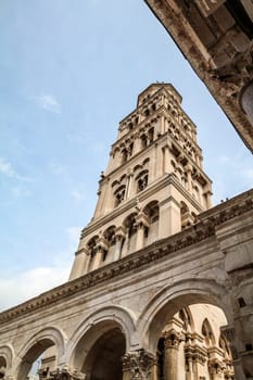 Famous bell tower at the ruins of Roman Deocletian palace in Split, Croatia